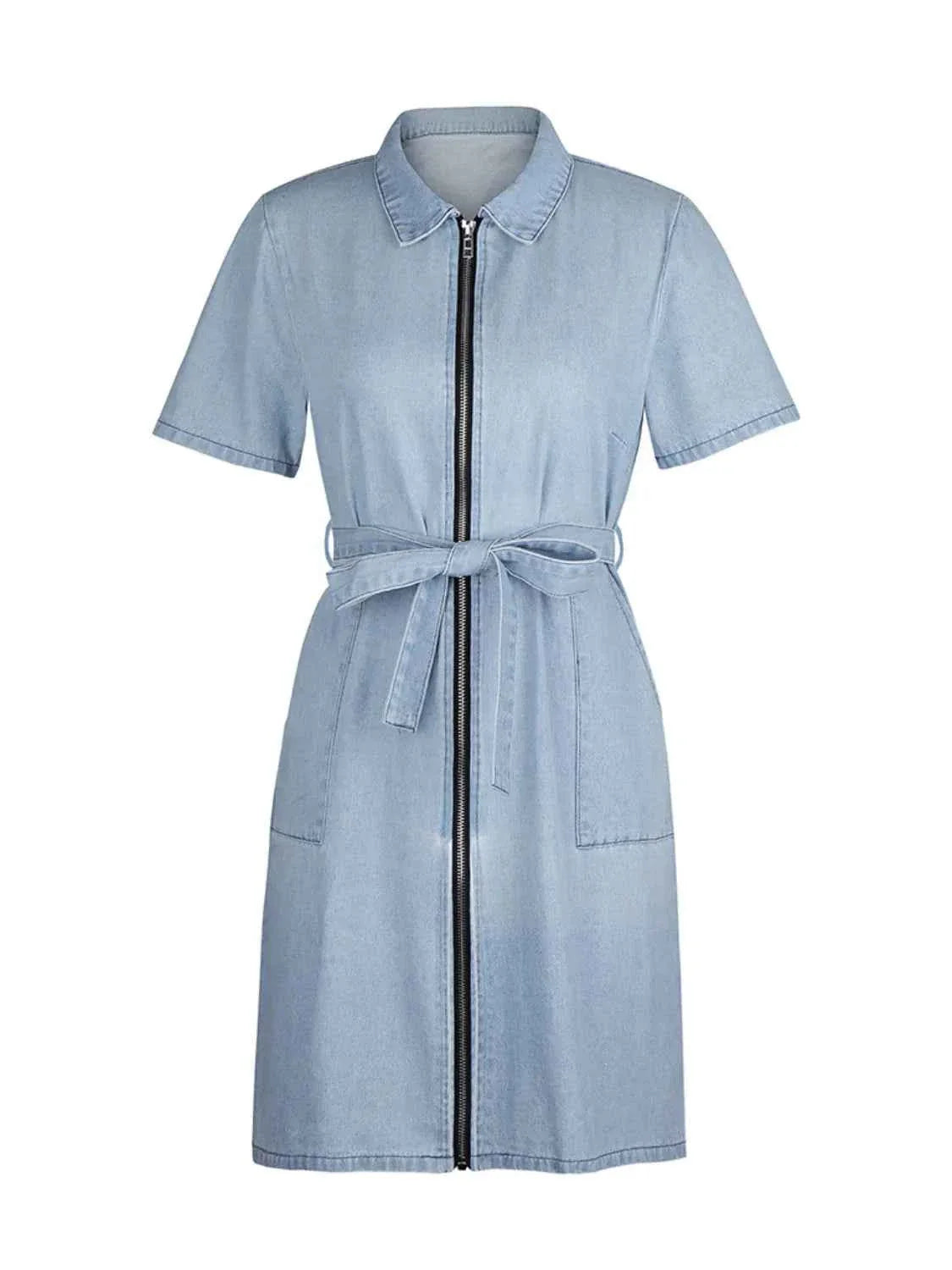 Plus Size Zip Front Short Sleeve Denim Dress.