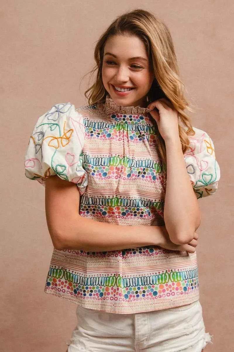 Ruffle Neckline Blouse with Embroidery for Effortless Style - EBYNN