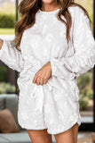 Round Neck Long Sleeve Top and Shorts Lounge Set.
