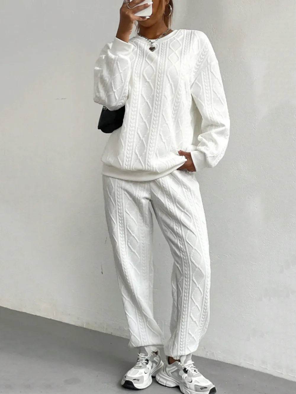 Texture Round Neck Top and Pants Set.