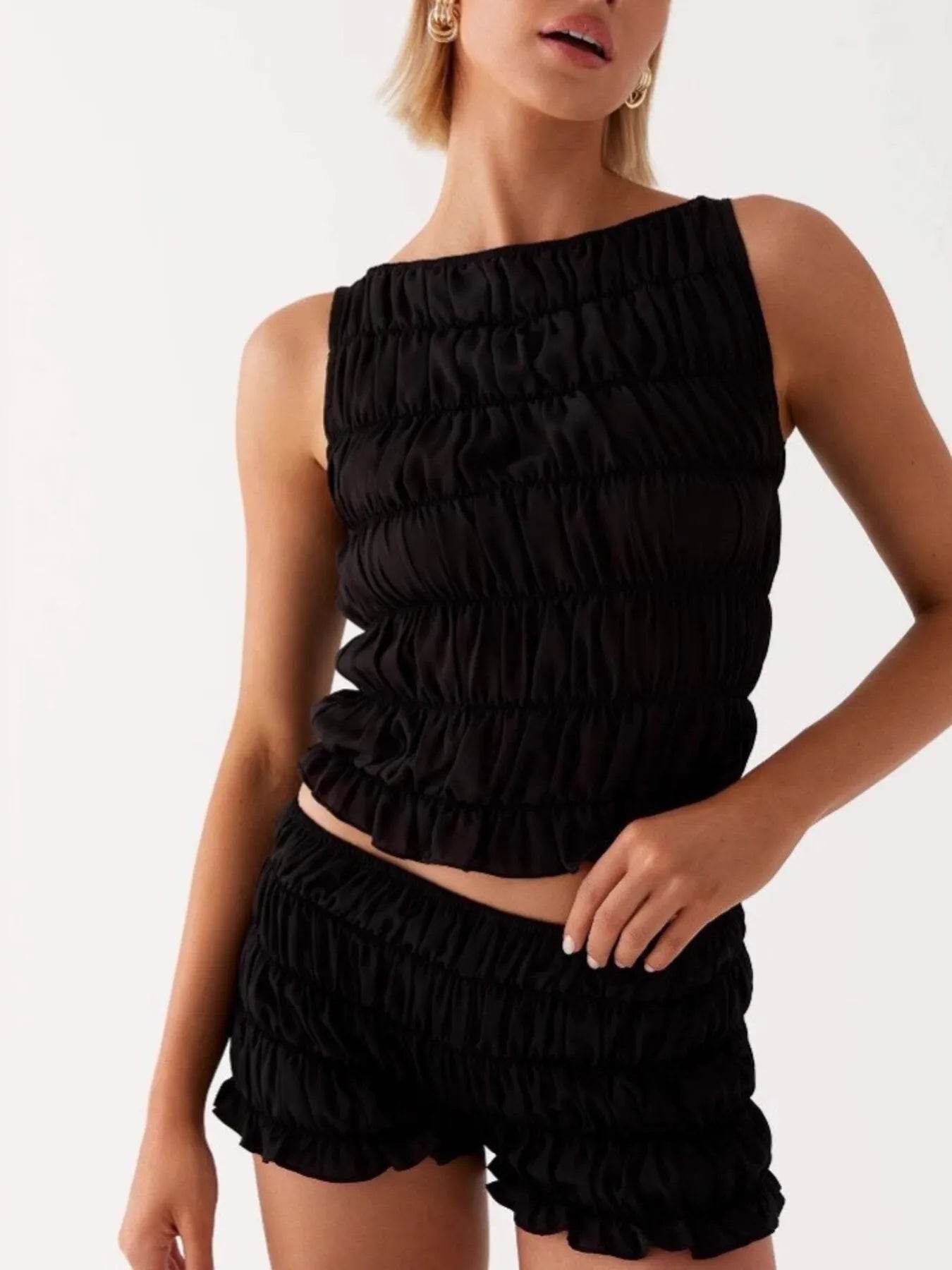 Ruched Texture Tank and Shorts Two-Piece Set - EBYNN