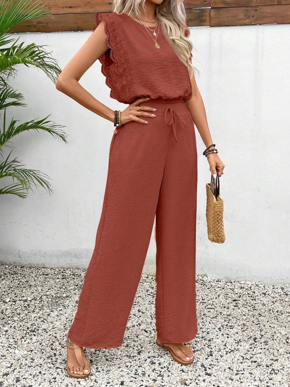 Lace Trim Round Neck Top and Pants Set - EBYNN