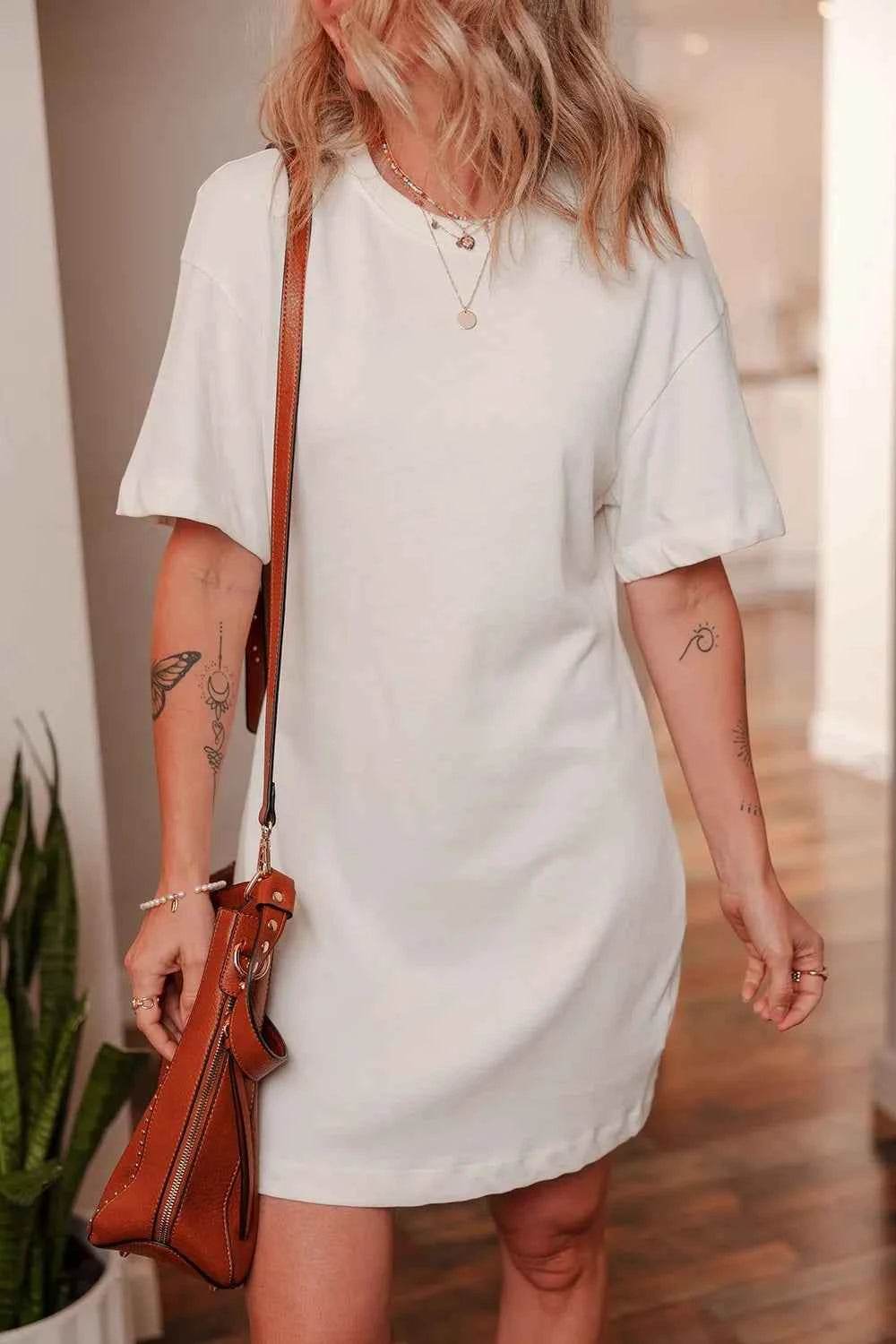 Drop Shoulder Crew Neck Shift T-Shirt Dress.