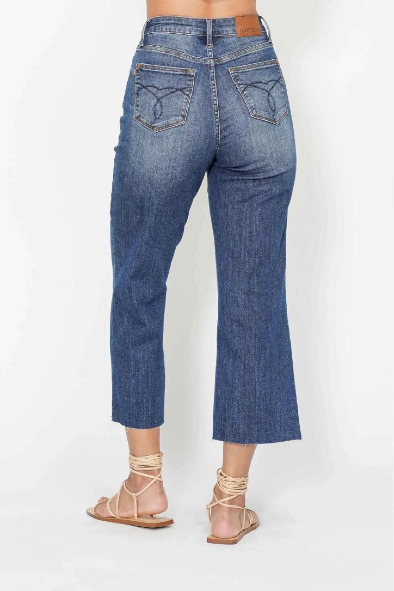 Judy Blue High Waist Back Pocket Embroidery Crop Wide Jeans.