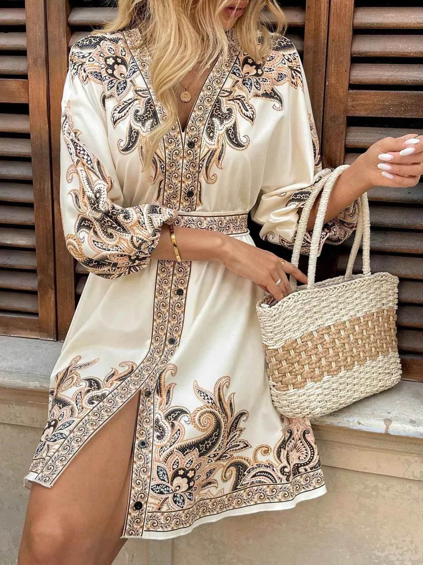 Printed V-Neck Balloon Sleeve Mini Dress.