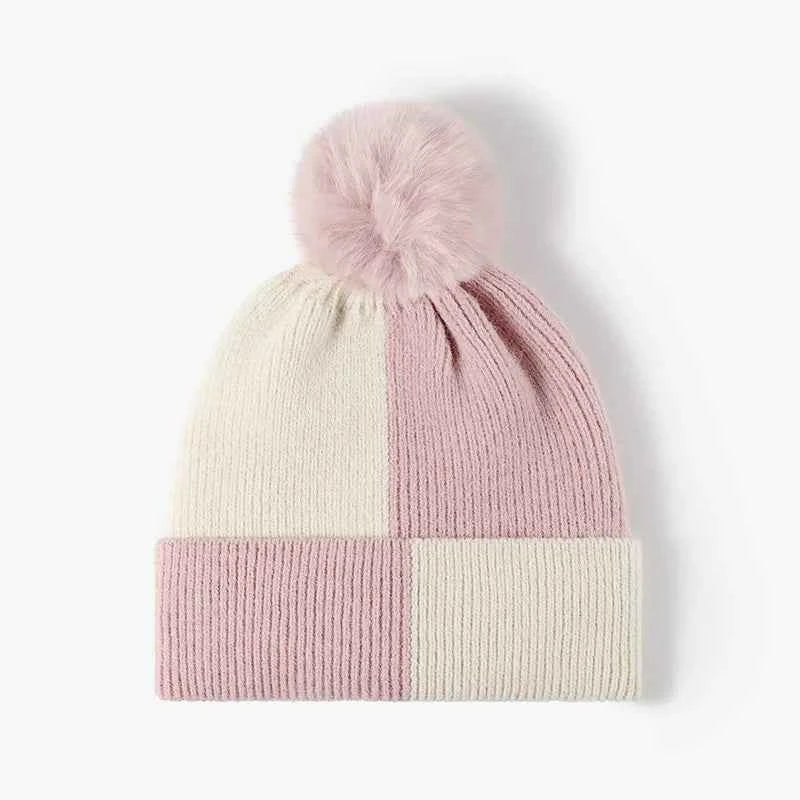 Color Block Knit Hat with Pom-pom.