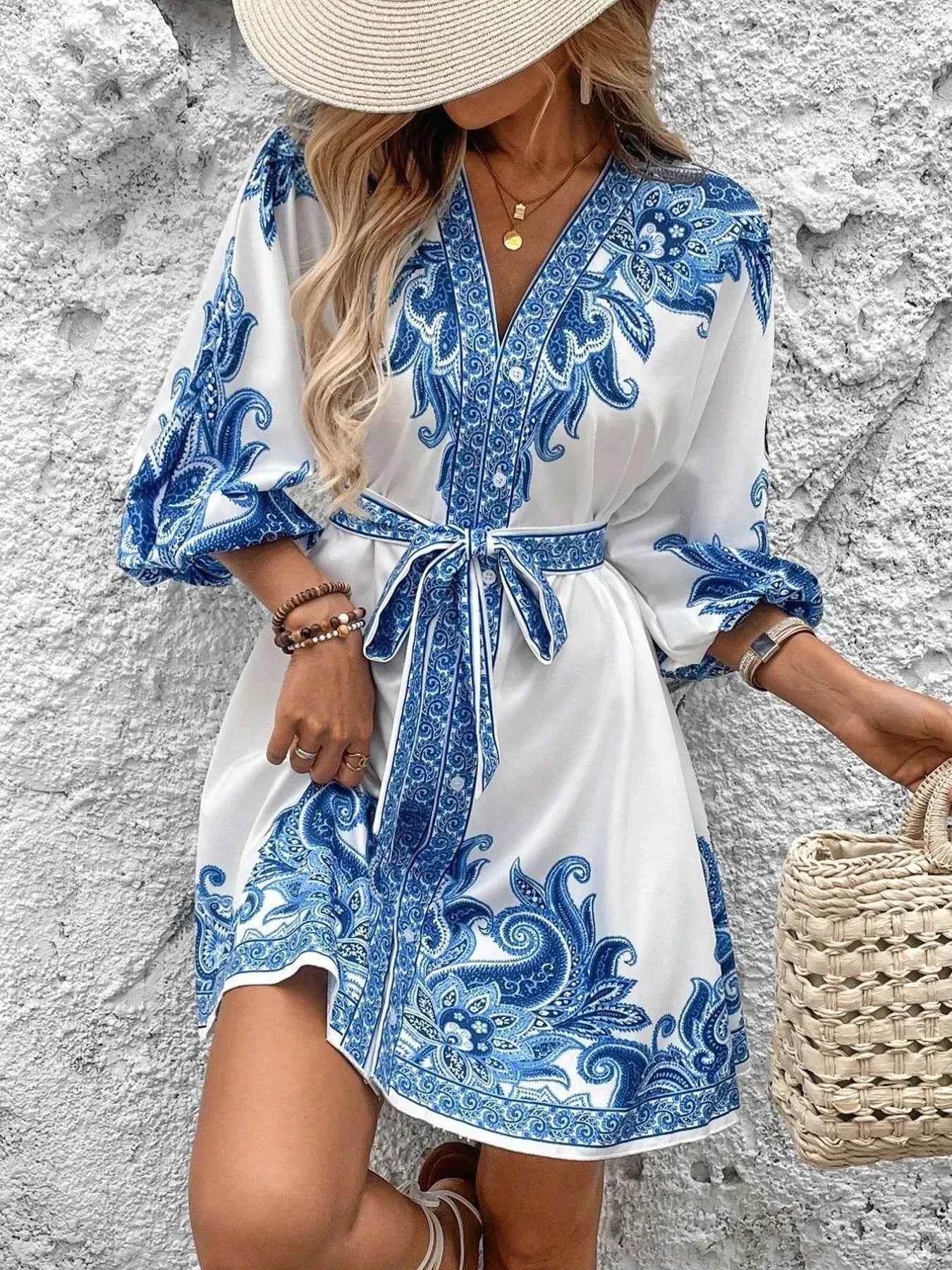 Printed V-Neck Balloon Sleeve Mini Dress.