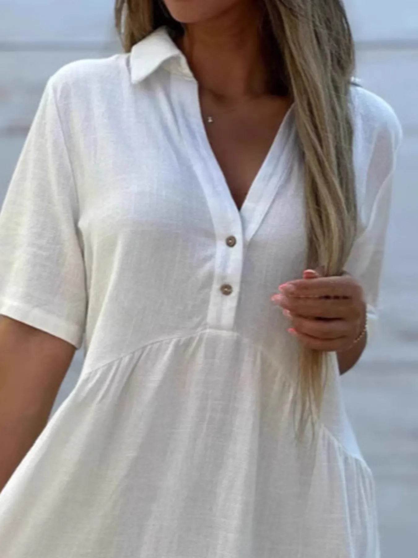 Plus Size Tiered Button-Front Short Sleeve Dress.