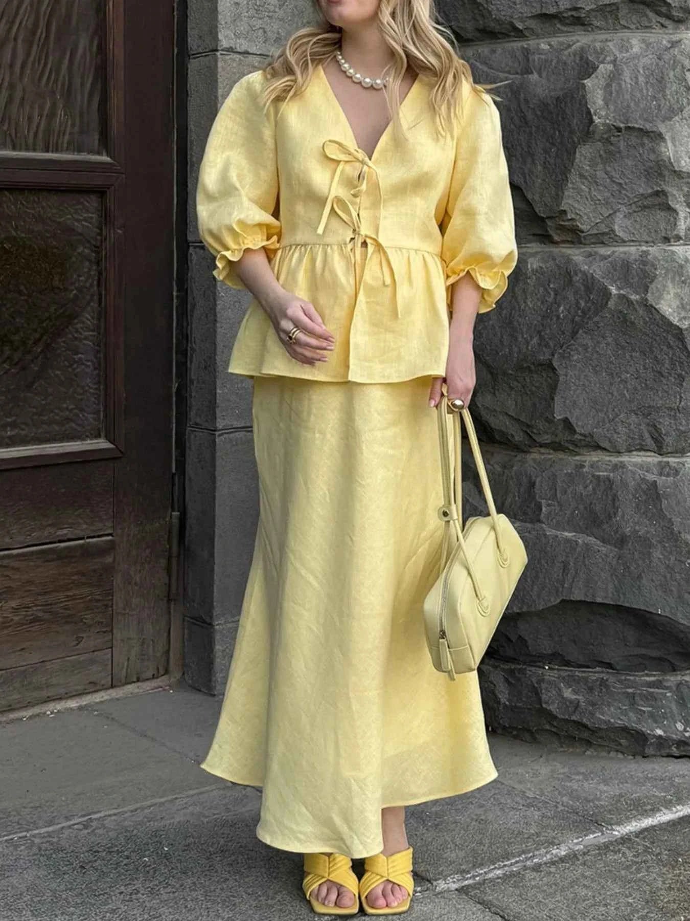 Lace-Up Tie Front Peplum Top and Skirt Set.