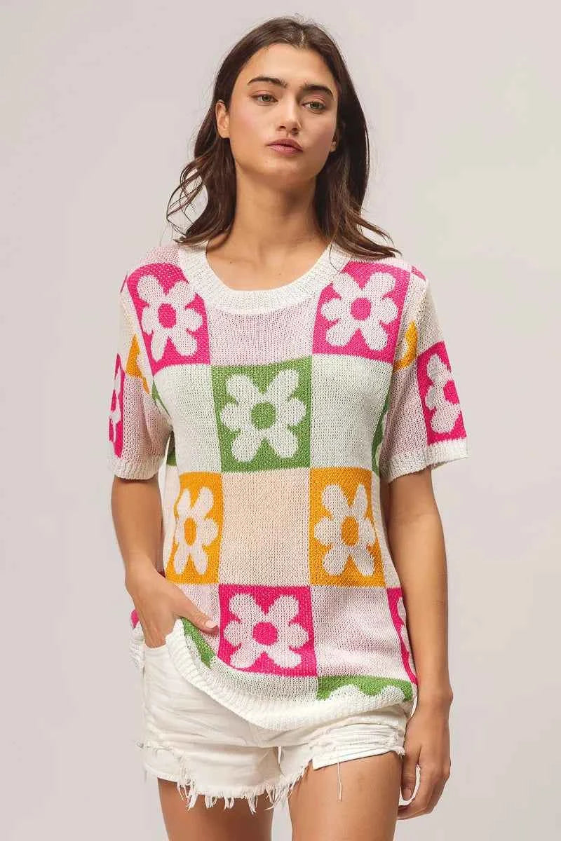 BiBi Floral Checker Pattern Lightweight Pullover Sweater.