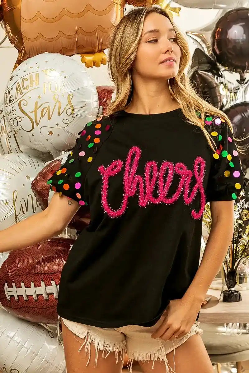 BiBi Metallic Letter Spangle Raglan Puff Sleeve Top.