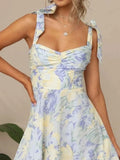 Floral Tie-Strap Sweetheart Neck Midi Dress.