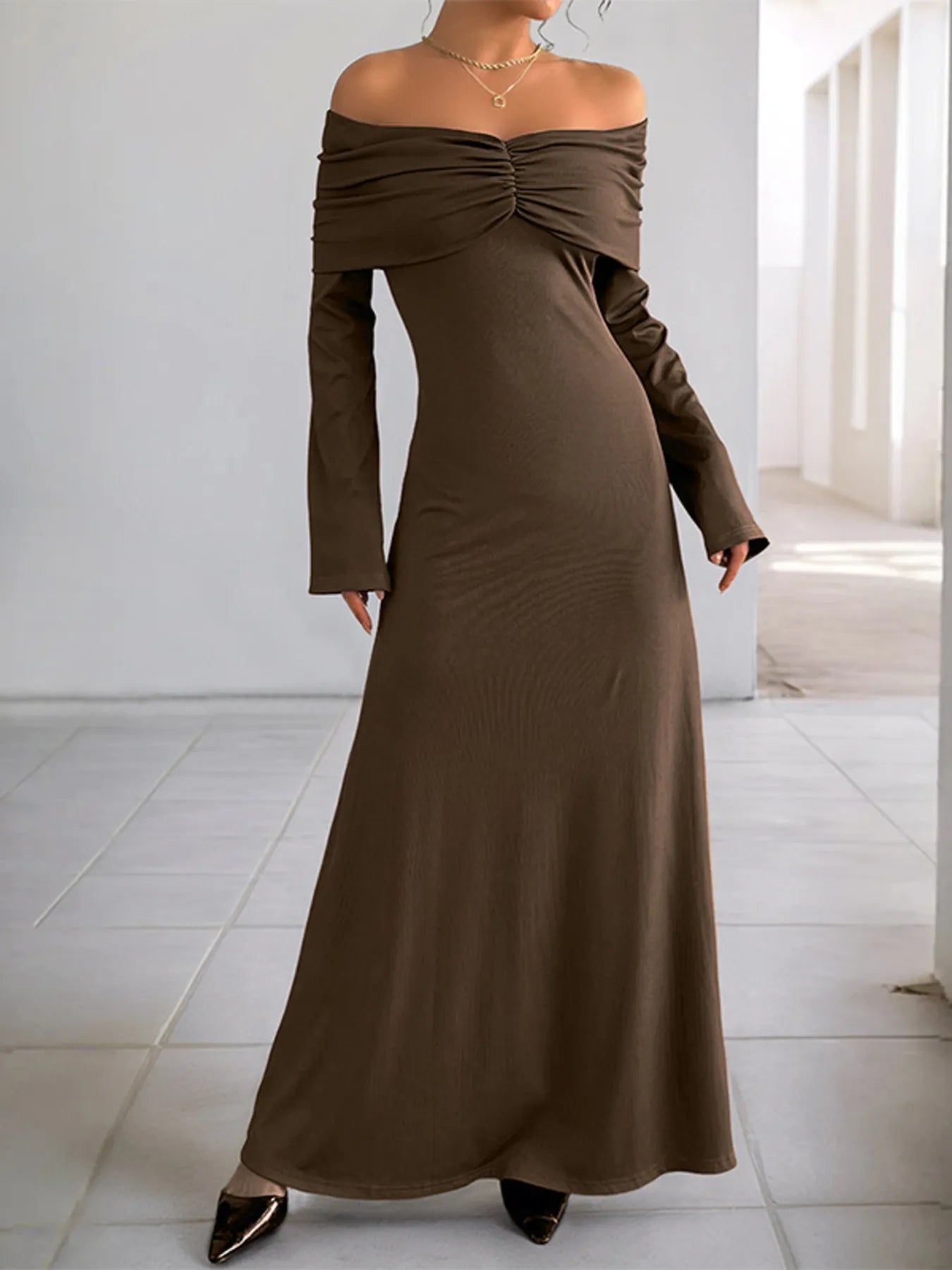 Off-Shoulder Long Sleeve Bodycon Maxi Dress.