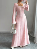 Textured Square Neck Long Sleeve Maxi Dress.