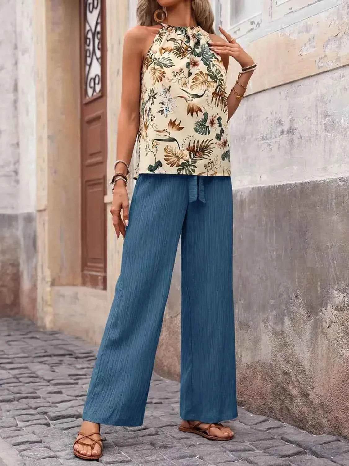 Printed Tank Top and Wide Leg Pants Set for Effortless Style - EBYNN