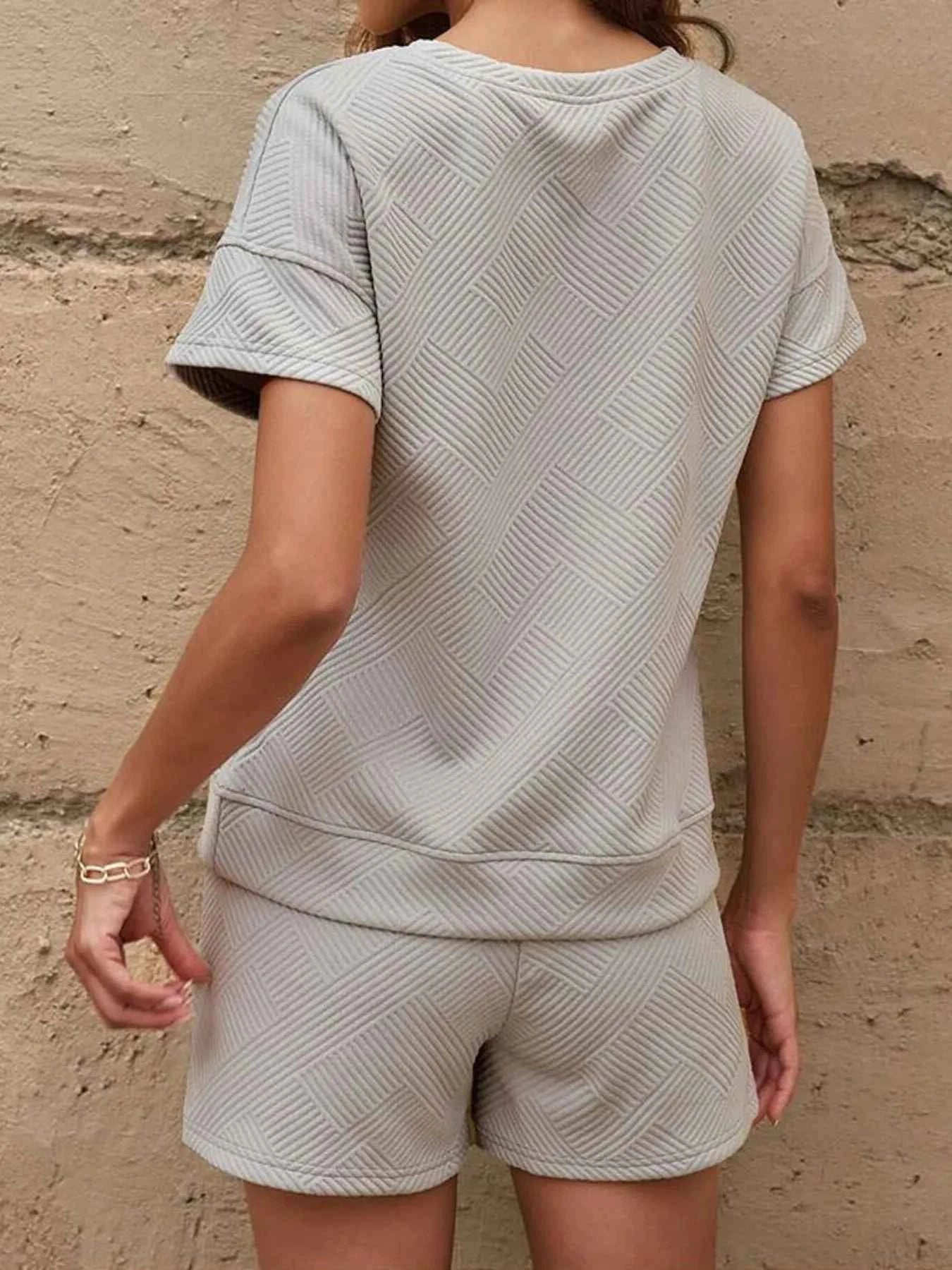 Textured Round Neck Top and Shorts Two-Piece Set.