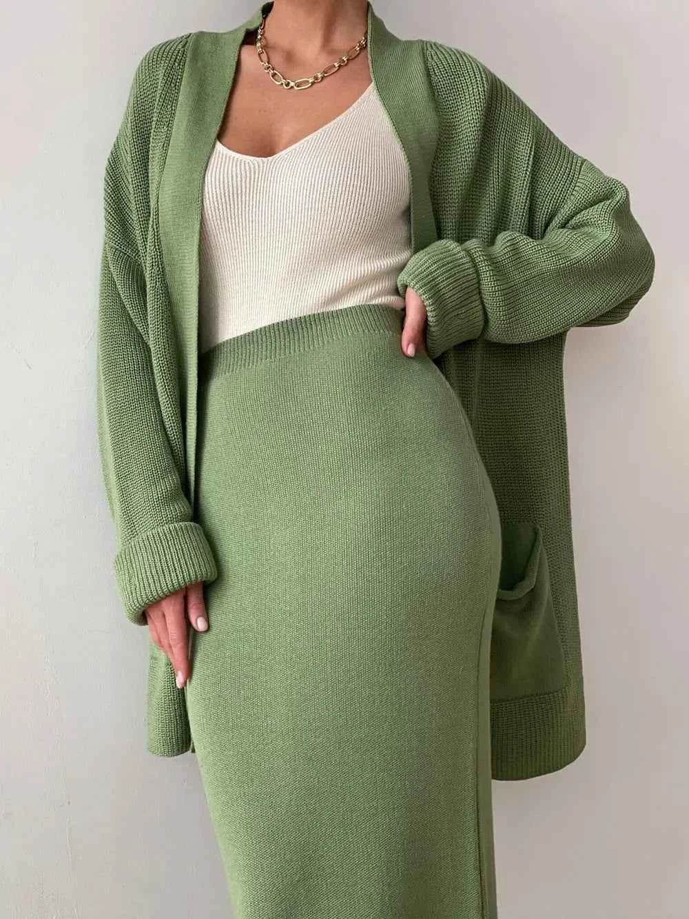 Pocketed Long Sleeve Cardigan and Skirt Sweater Set.