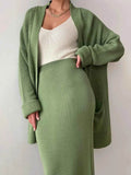 Pocketed Long Sleeve Cardigan and Skirt Sweater Set.