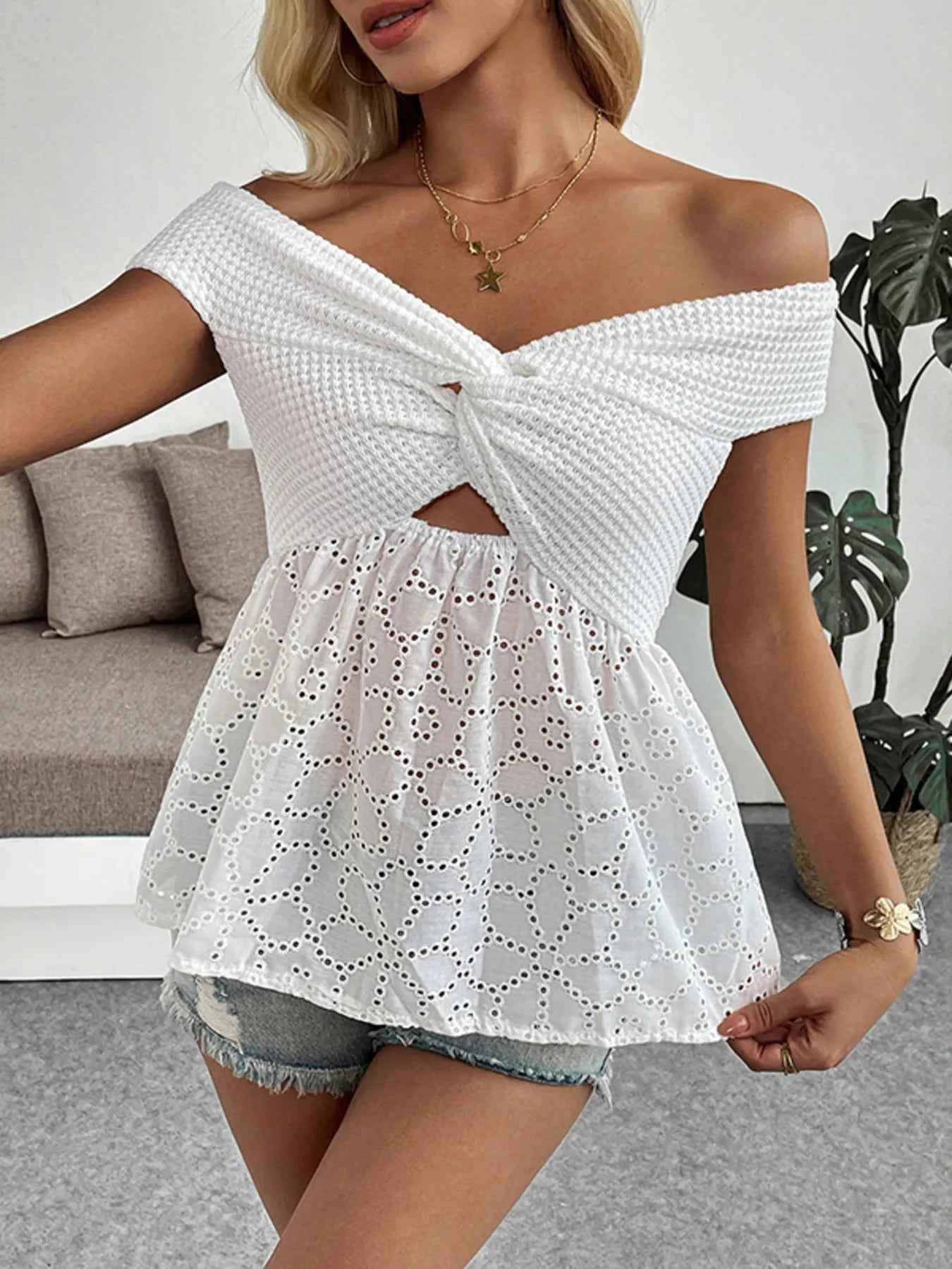 Eyelet Cutout Off-Shoulder Blouse.