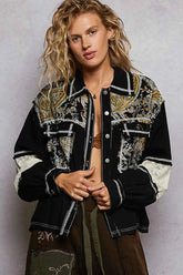 POL Printed Woven Mix Raw Hem Jacket with Lace Detail.