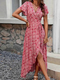 Printed Surplice Maxi Dress with Flutter Sleeves.