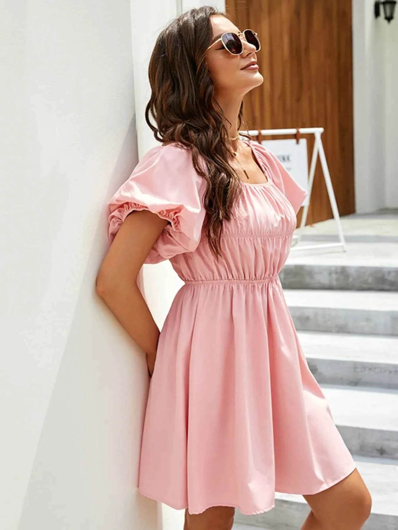 Off-Shoulder Puff Sleeve Mini Dress.