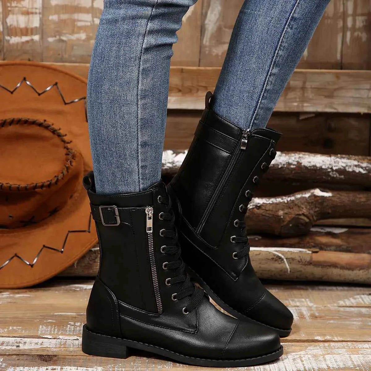 Round Toe Lace-Up Block Heels Boots.