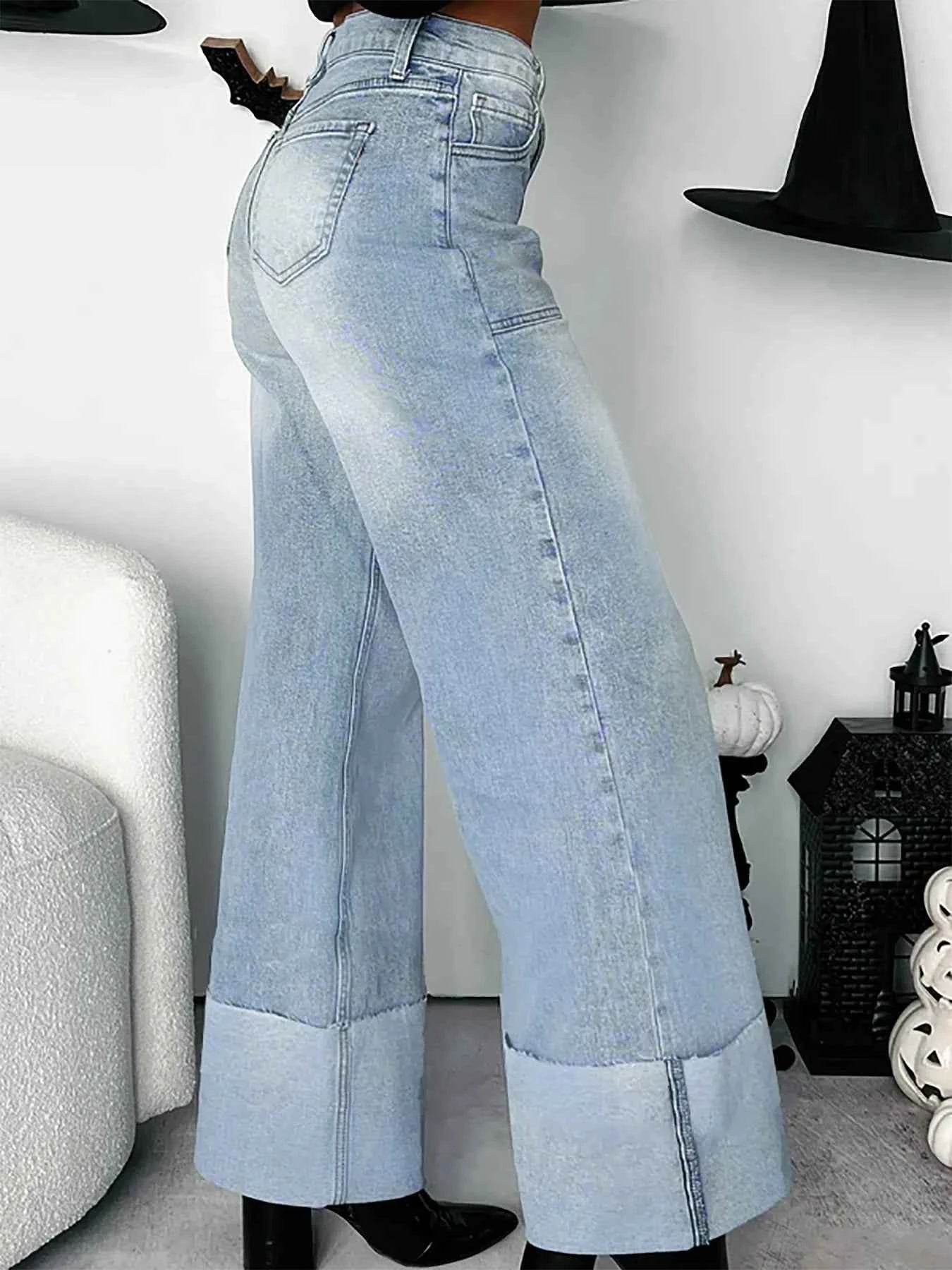 High-Waisted Wide-Leg Jeans with Cuffed Hem.