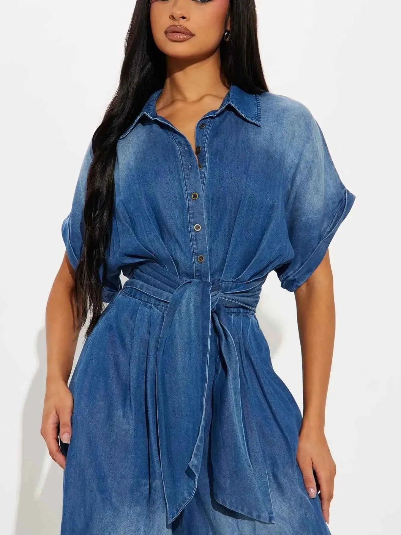 Button Front Wide Leg Denim Jumpsuit.