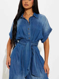 Button Front Wide Leg Denim Jumpsuit.
