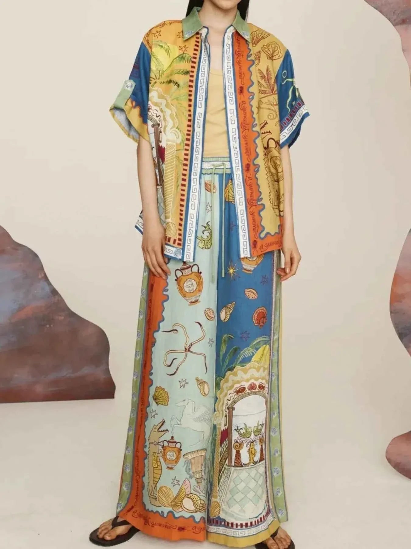 Printed Button Up Shirt and Pants Set.