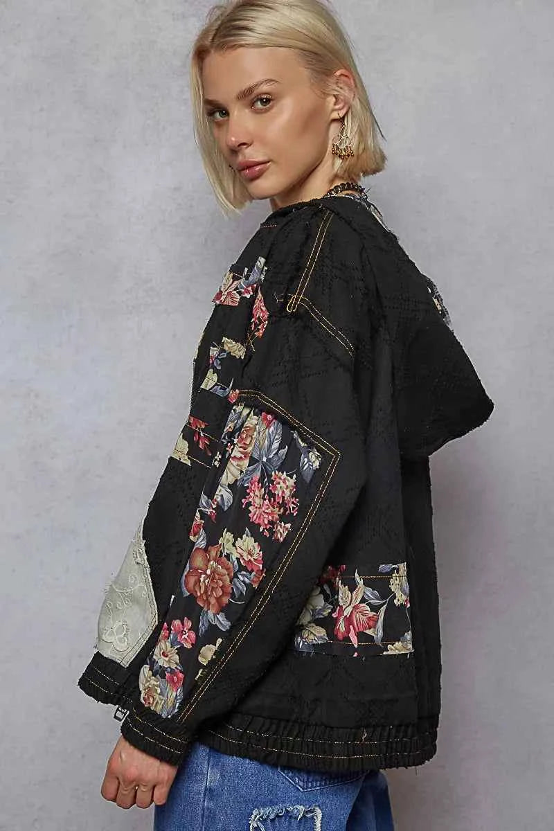 POL Zip Up Floral & Lace Patch Bomber Jacket.