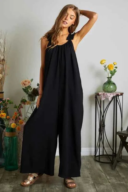 ADORA Plus Size Elastic Ruffle Shoulder Jumpsuit.