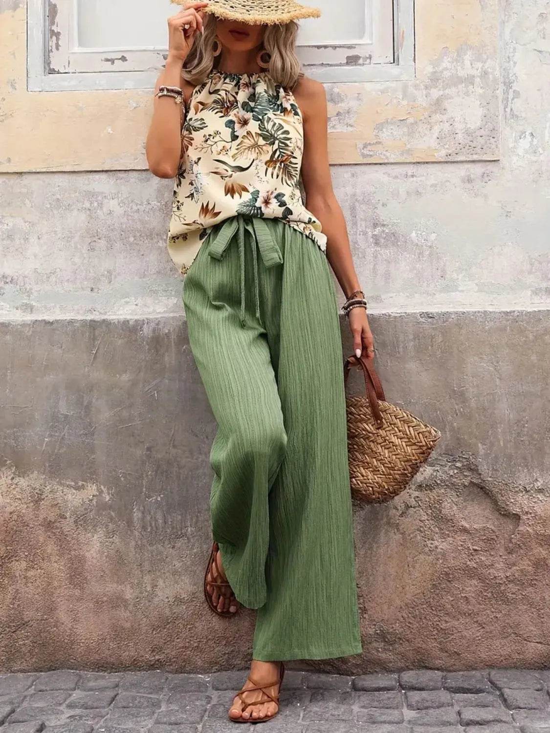 Printed Tank Top and Wide Leg Pants Set for Effortless Style - EBYNN
