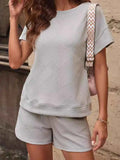 Textured Round Neck Top and Shorts Two-Piece Set.