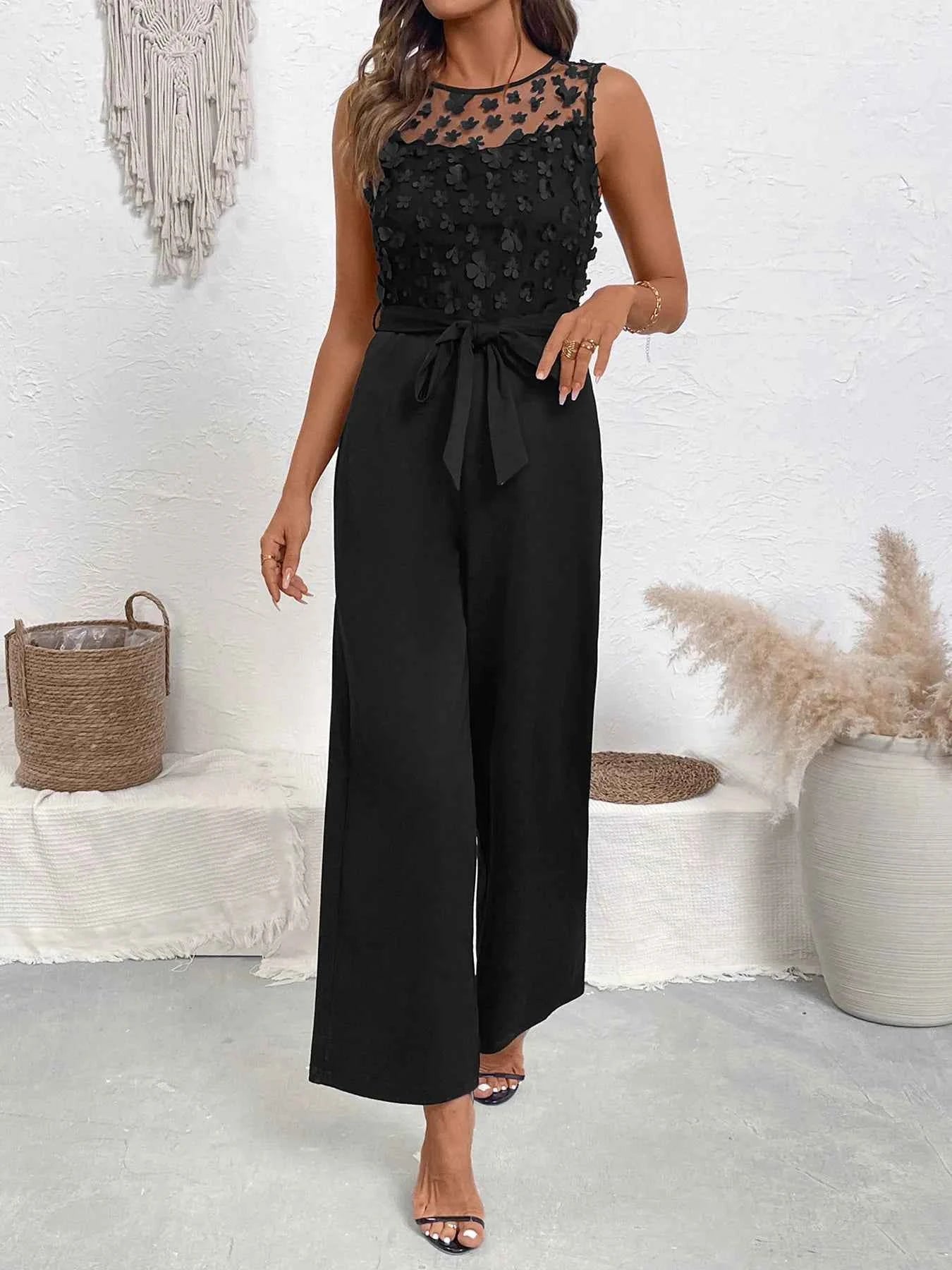 Flower Lace Mesh Sleeveless Wide Leg Jumpsuit.