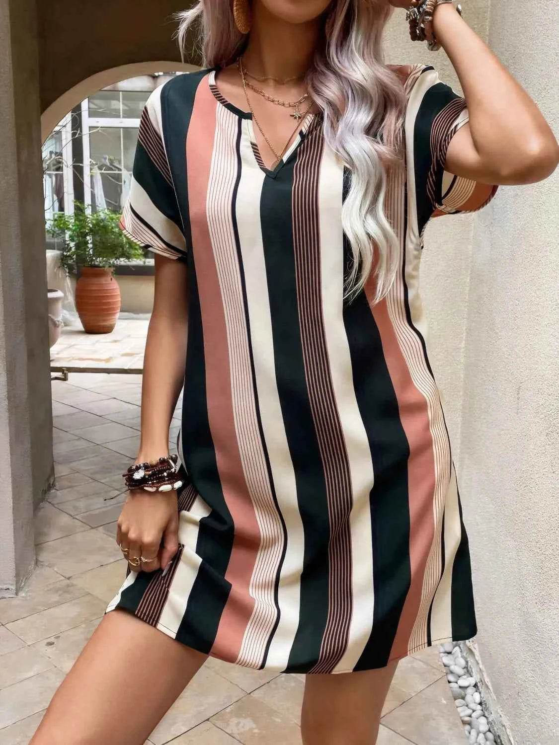 Striped Notched Short Sleeve Dress.