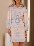 Printed Button Down Shirt Dress with Belt.