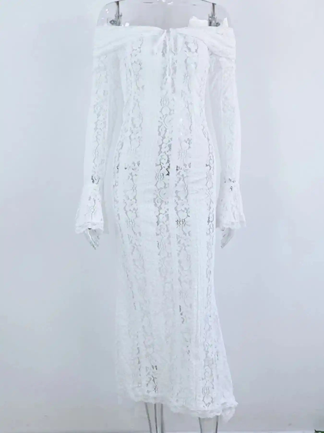 Lace Off-Shoulder Flounce Sleeve Maxi Dress.