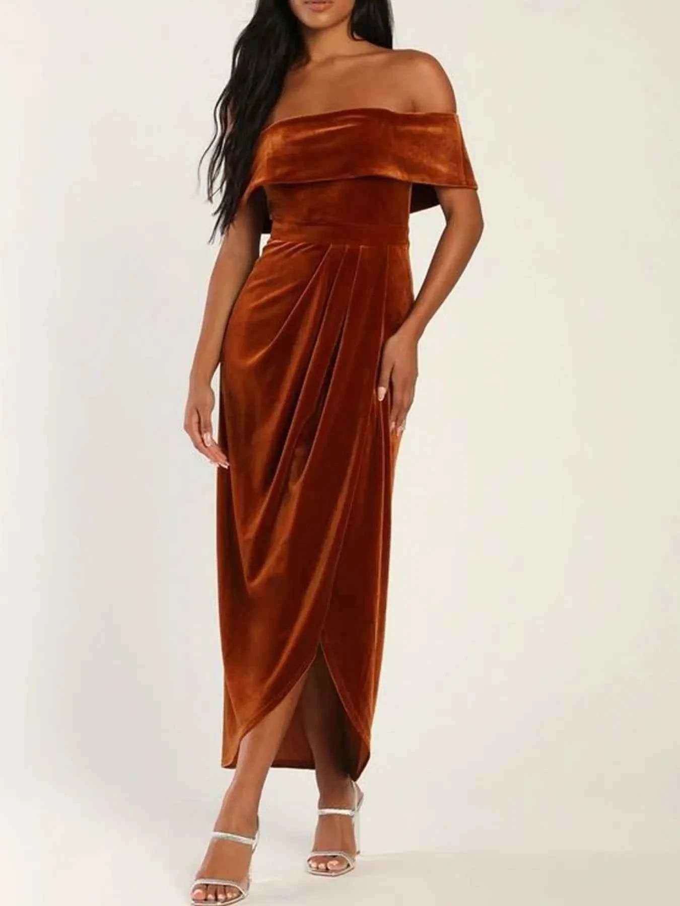 Off-Shoulder Wrap Dress with Side Slit.