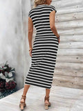 Striped Round Neck Cap Sleeve Midi Dress.