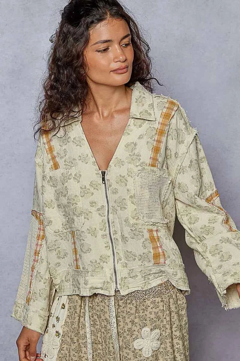 Floral Raw Hem Zip Up Jacket with Plaid and Crochet Patches.