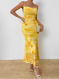 Tie-Dye Ruched Bodycon Mesh Cami Maxi Dress.
