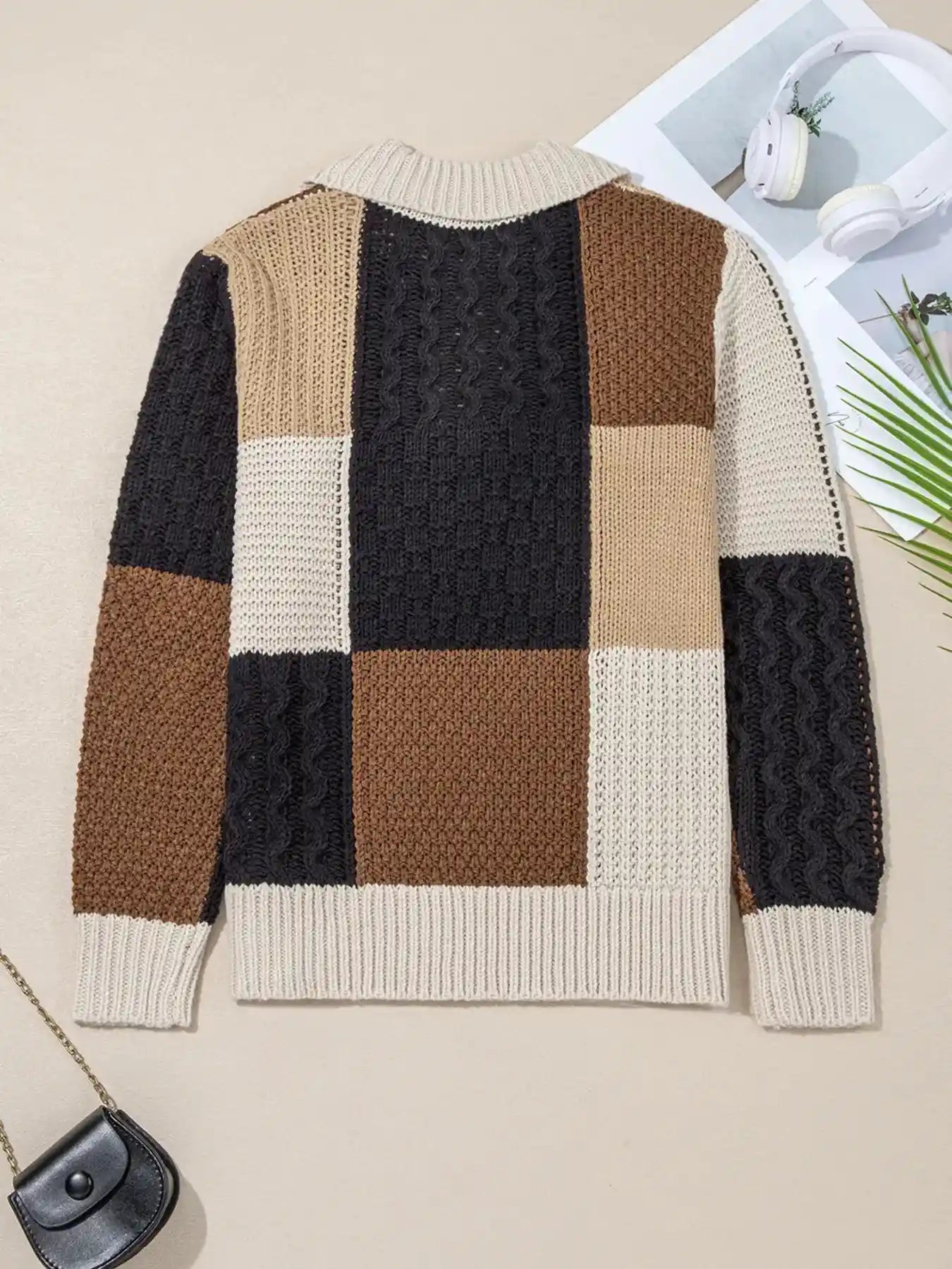 Multicolour Color Block Cable Knit Sleeve Buttons Collared Sweater.