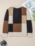 Multicolour Color Block Cable Knit Sleeve Buttons Collared Sweater.