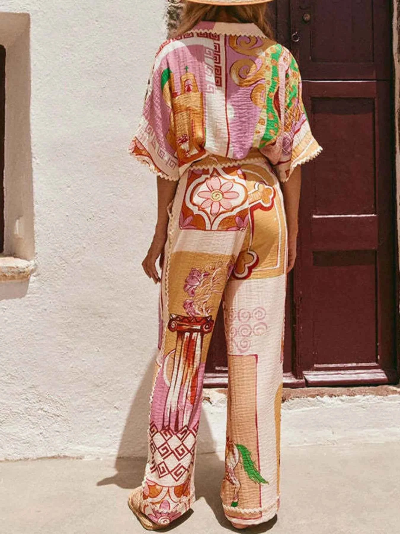 Printed Button-Up Shirt and Shorts Set.