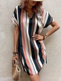 Striped Notched Short Sleeve Dress.
