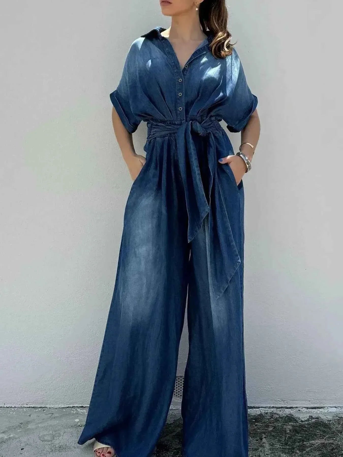 Button Front Wide Leg Denim Jumpsuit.