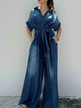 Button Front Wide Leg Denim Jumpsuit.