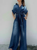 Button Front Wide Leg Denim Jumpsuit.